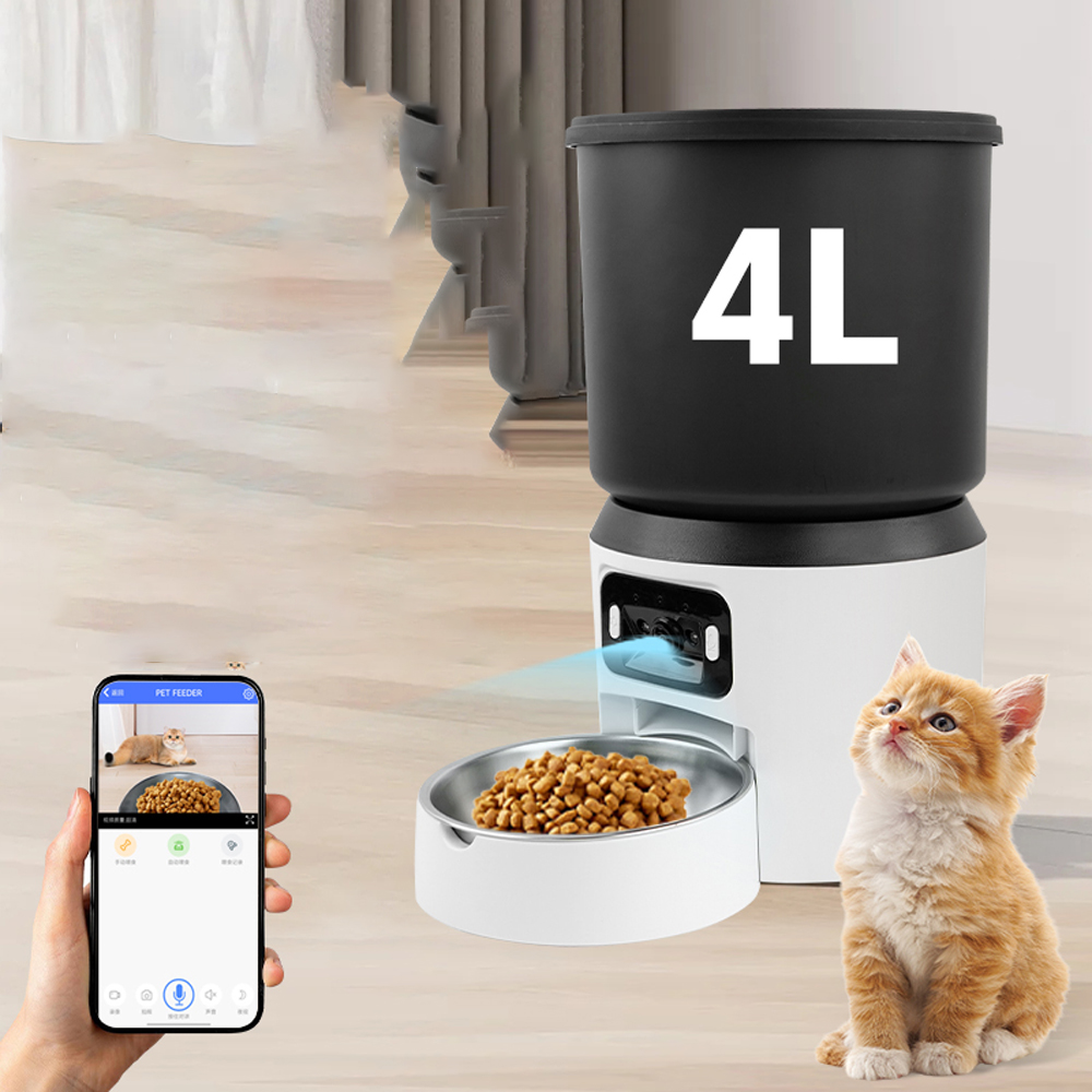 Kitchen Appliances Video - เครื่องให้อาหารสัตว์เลี้ยงอัตโนมัติขนาด 4 ลิตร พร้อมกล้อง สำหรับแมวและสุนัข ตั้งเวลาอัจฉริยะ